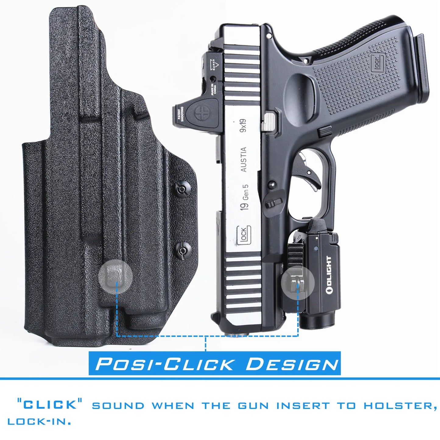IWB Kydex-Holster für Glock 19 19X23 25 32 44 45, mit Olight Baldr S Taktische Taschenlampe im Bund, verdeckte Tragetasche