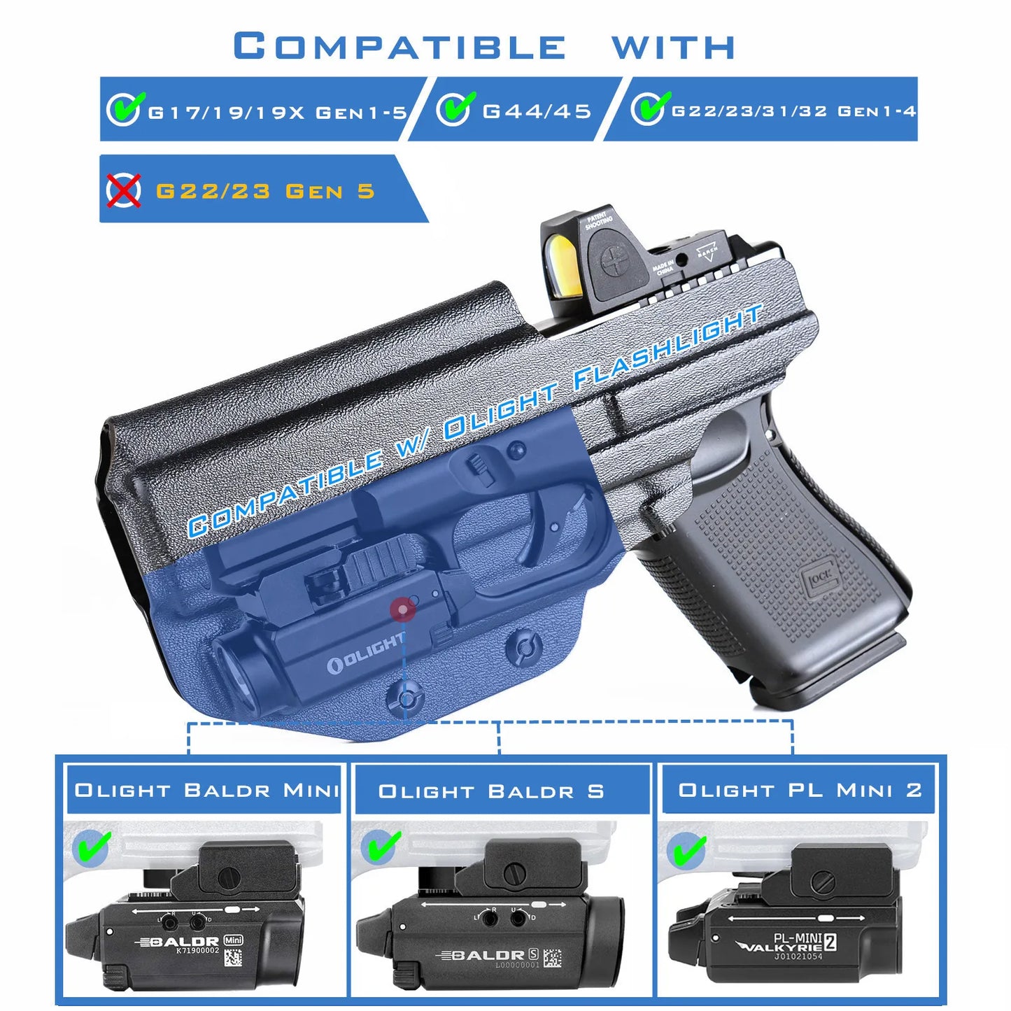 IWB Kydex-Holster für Glock 19 19X23 25 32 44 45, mit Olight Baldr S Taktische Taschenlampe im Bund, verdeckte Tragetasche