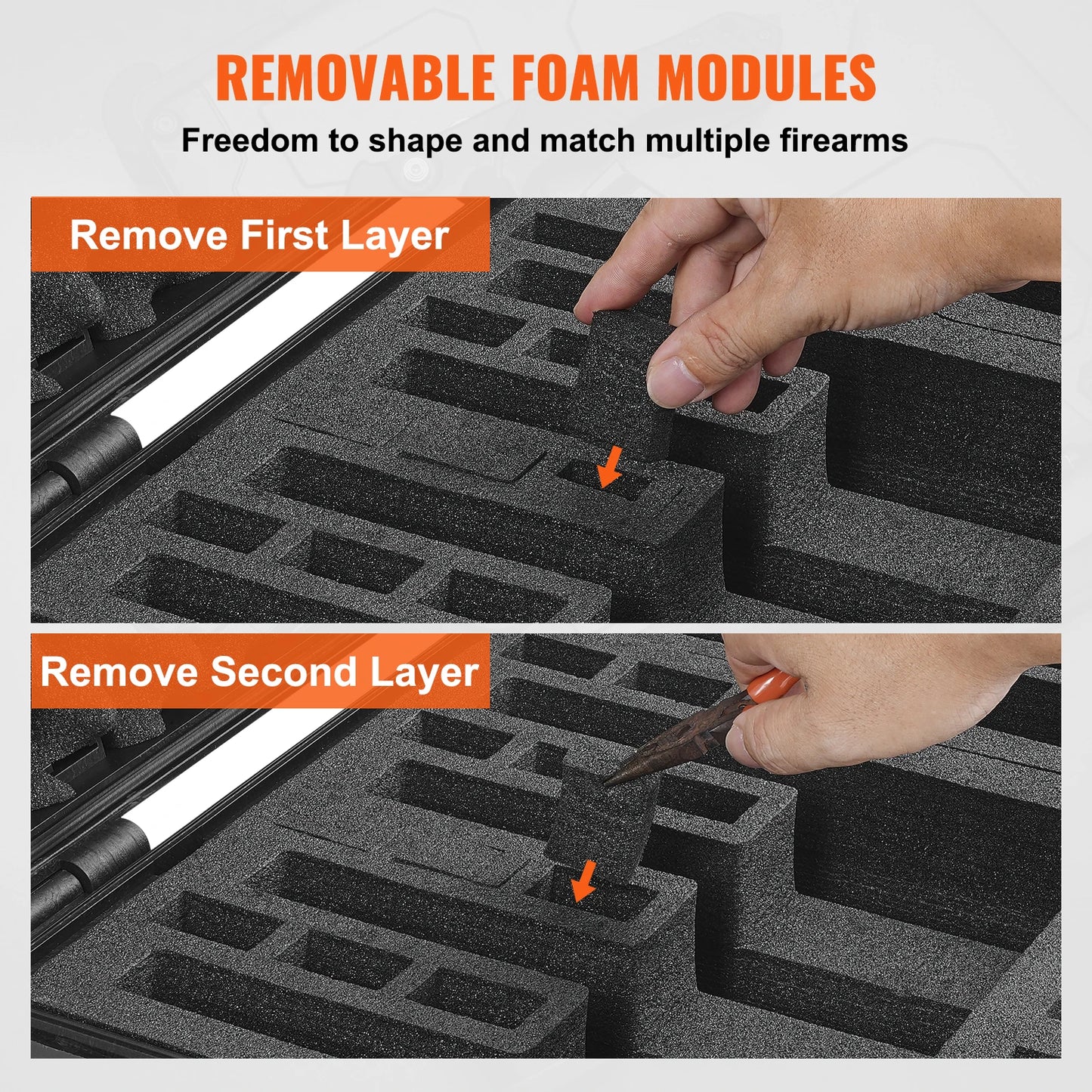 VEVOR Hartschalenkoffer für Pistolen mit vorgeschnittenem Futter, wasser- und staubdichter Hartschalenkoffer für 6 Pistolen, 19,3 × 17,1 × 8,3 Zoll, abschließbarer Pistolenkoffer, schwarz