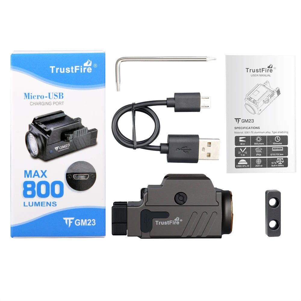 Trustfire GM23 Taktische LED-Taschenlampe, 800 lm, USB wiederaufladbar, Schnellverschluss-Waffenlichter für GL und 20 mm Picatinny Rail Tauru TX2