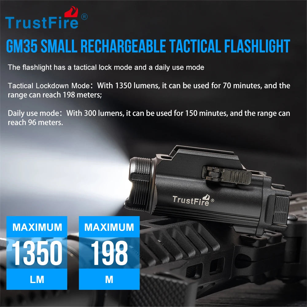 Trustfire GM35 Taktische LED-Taschenlampen, Waffen-Mini-Pistolenlichter, 1350 Lumen, USB wiederaufladbar, Schnellverschluss-Pistole, 1913/GL-Schiene