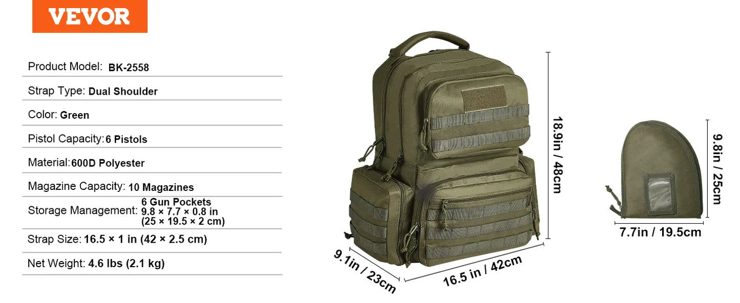 VEVOR Pistolentasche, Gewehrtasche, Pistolentaschen für 6 Pistolen, Pistolenrucksack mit 6 unabhängigen Pistolentaschen & 10 Magazinen, Pistolenrucksack für Outdoor-Jagd, Abschließbare Tasche, Braun