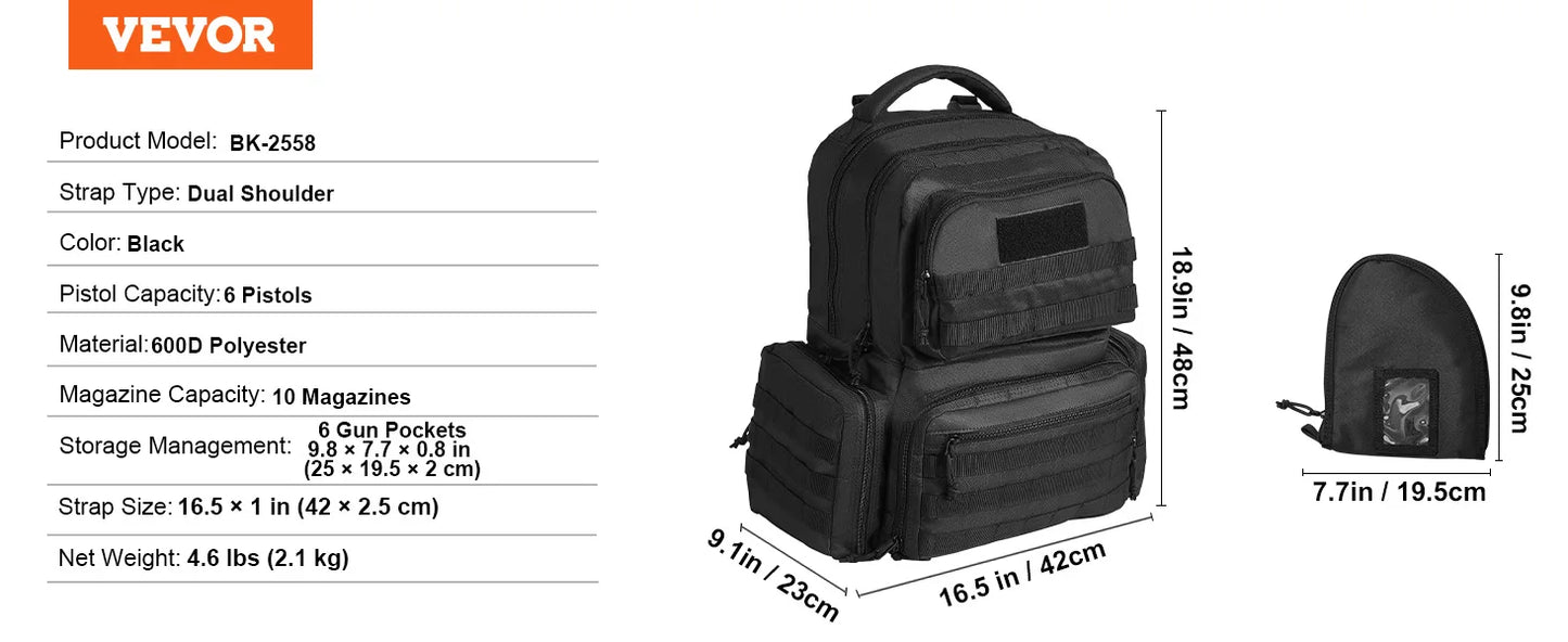 VEVOR Pistolentasche, Gewehrtasche, Pistolentaschen für 6 Pistolen, Pistolenrucksack mit 6 unabhängigen Pistolentaschen & 10 Magazinen, Pistolenrucksack für Outdoor-Jagd, Abschließbare Tasche, Braun