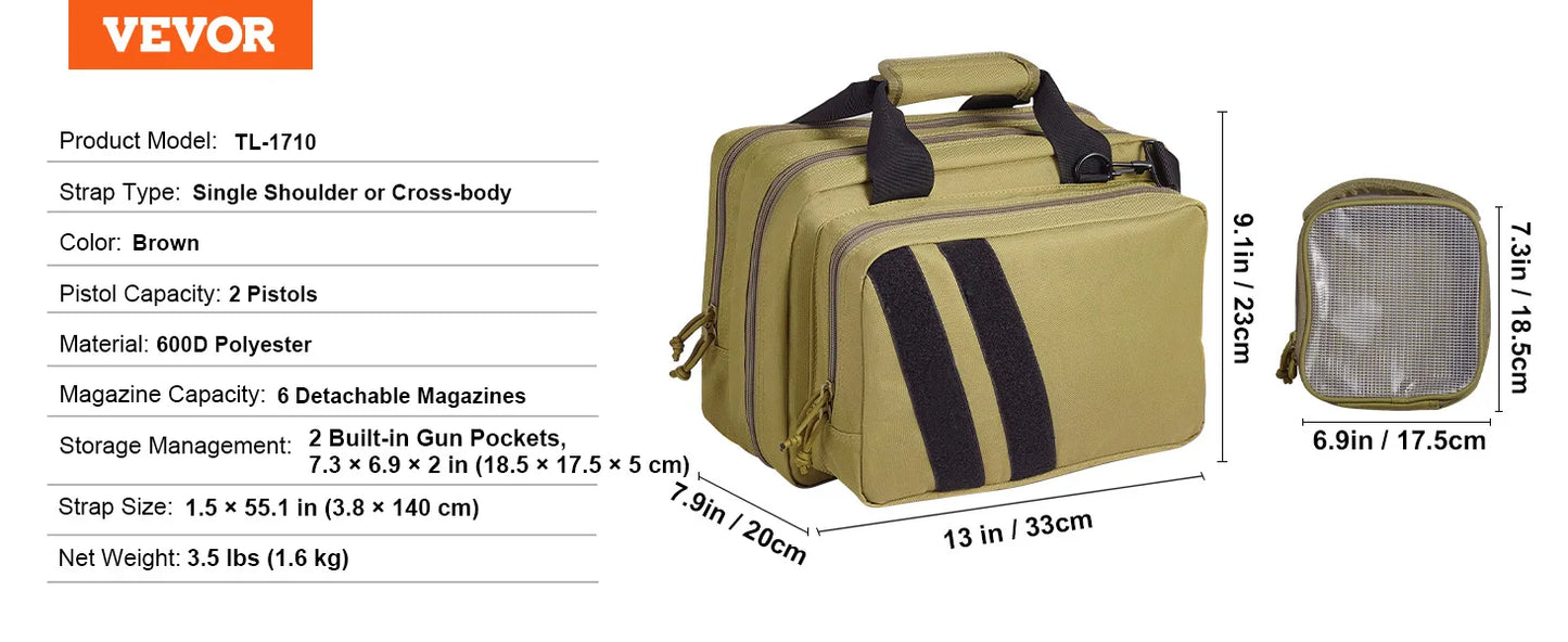 VEVOR Pistolentasche, Gewehrtasche, Pistolentaschen für 6 Pistolen, Pistolenrucksack mit 6 unabhängigen Pistolentaschen & 10 Magazinen, Pistolenrucksack für Outdoor-Jagd, Abschließbare Tasche, Braun