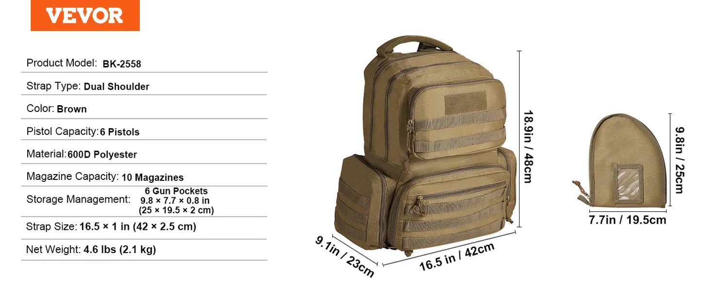 VEVOR Pistolentasche, Gewehrtasche, Pistolentaschen für 6 Pistolen, Pistolenrucksack mit 6 unabhängigen Pistolentaschen & 10 Magazinen, Pistolenrucksack für Outdoor-Jagd, Abschließbare Tasche, Braun